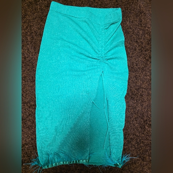 Dresses & Skirts - Teal Ruched Midi Skirt with Fringe